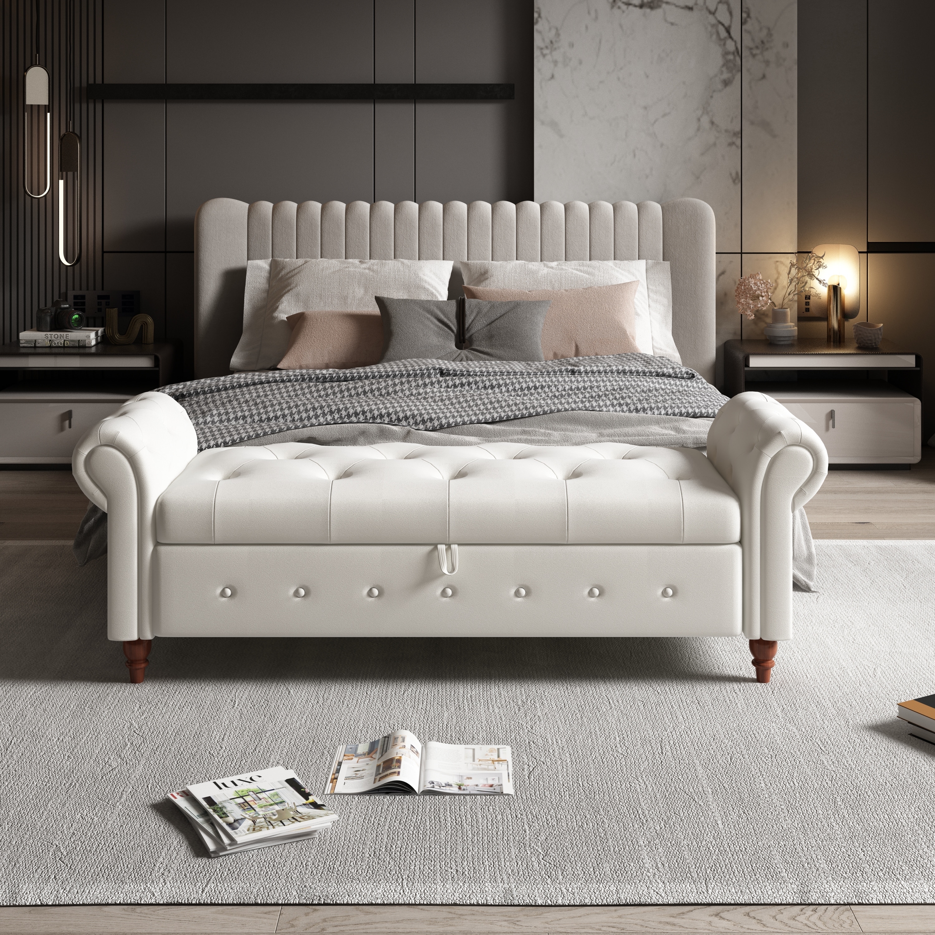 Rolled Arms Button Tufted Storage Bench for Bedroom On Sale