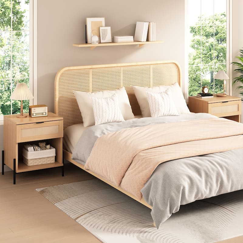 EROMMY Rattan Nightstand Set of 2, Boho Bedside Tables with Drawer and Open Shelf, 19.7" Wide End Tables for Bedroom