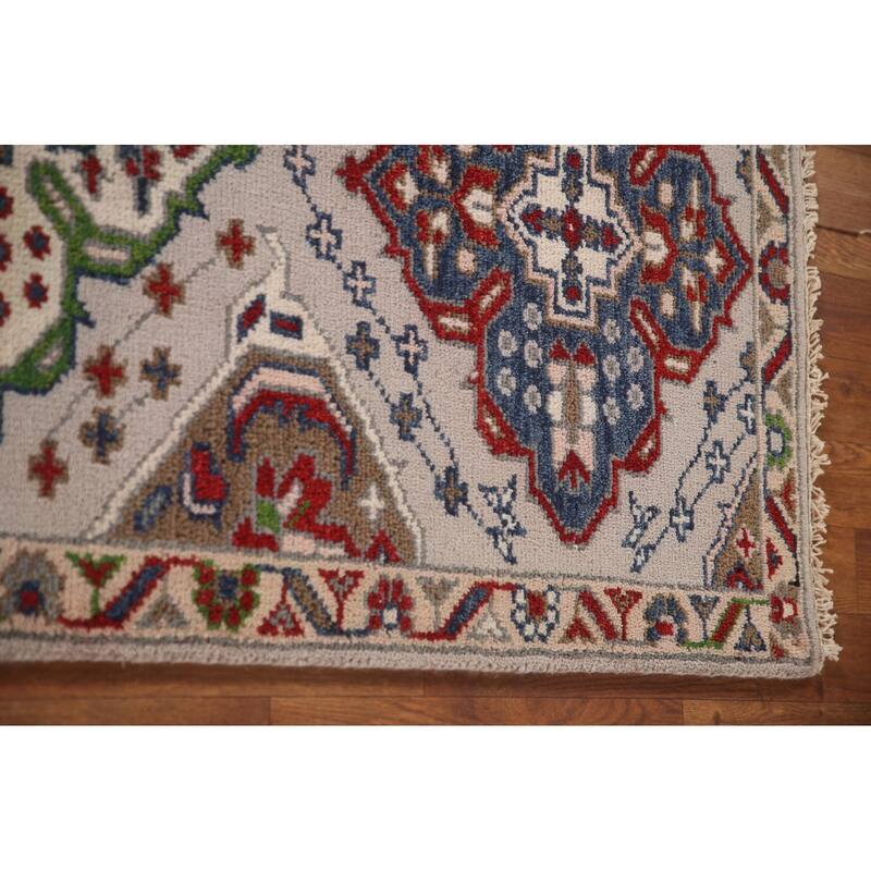 Geometric Grey Kazak Runner Rug Hand-Knotted Oriental Wool Carpet - 2'7"x 9'10"