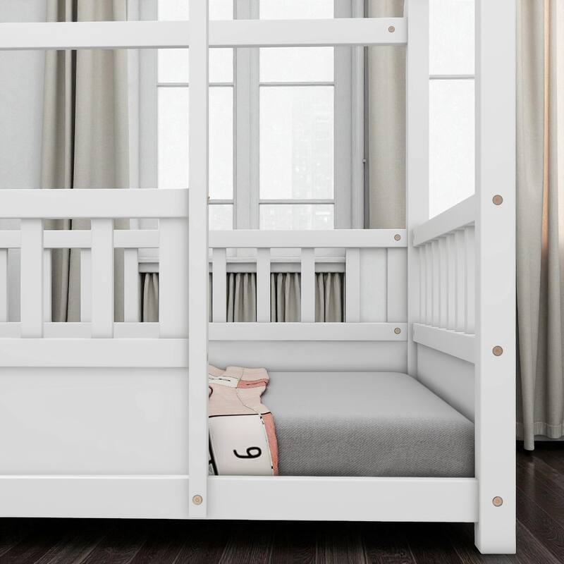 Twin/Full Wooden House Frame Floor Bed with Fence Guardrails, Montessori Style Kids Bed, Pine Wood Low Profile Design
