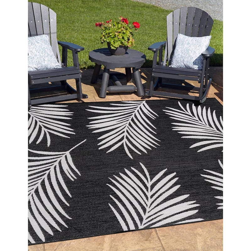 World Rug Gallery Contemporary Palm Leaves Textured Flat Weave Indoor/Outdoor Area Rug - 7'10"X10' - Black