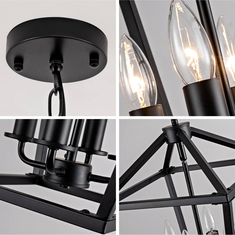 Farmhouse Lantern Chandelier 4-Light with Rustic Open Cage and Adjustable Hanging Height
