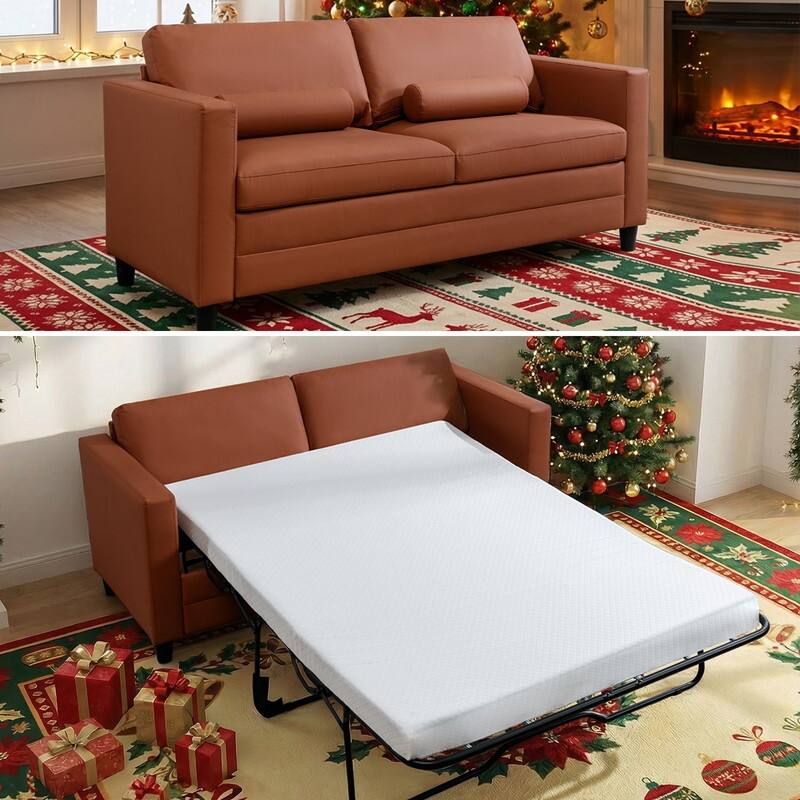 Mixoy 2-in-1 Pull Out Sofa Bed with Mattress,Modern Convertible Sleeper Sofa Futon Couches - 77.9in*66.2in*30.3in - Cognac Tan