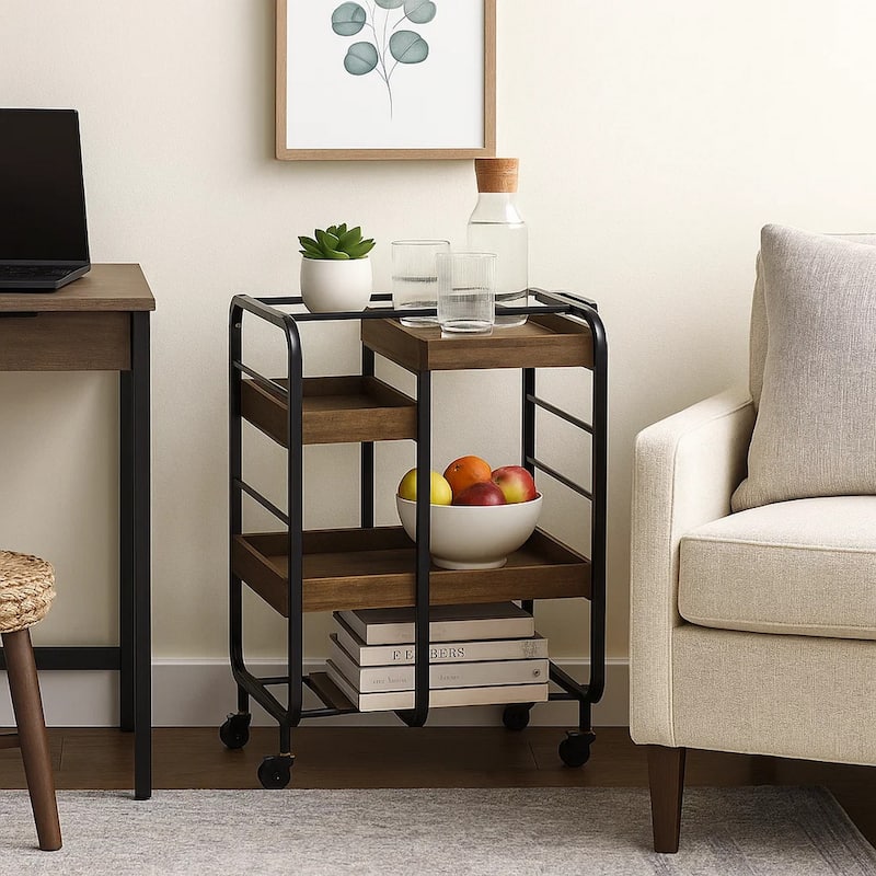 Metal Frame Serving Cart with 3 Open Storage and Casters, Brown and Black