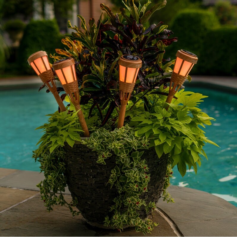 Solar LED Bamboo Flickering Flame Tiki Torch Lights - Bed Bath