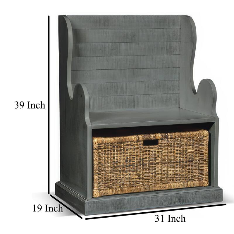 Eulie Hall Foyer Bench Seat w Rattan Basket, Rustic Blue Mahogany Wood
