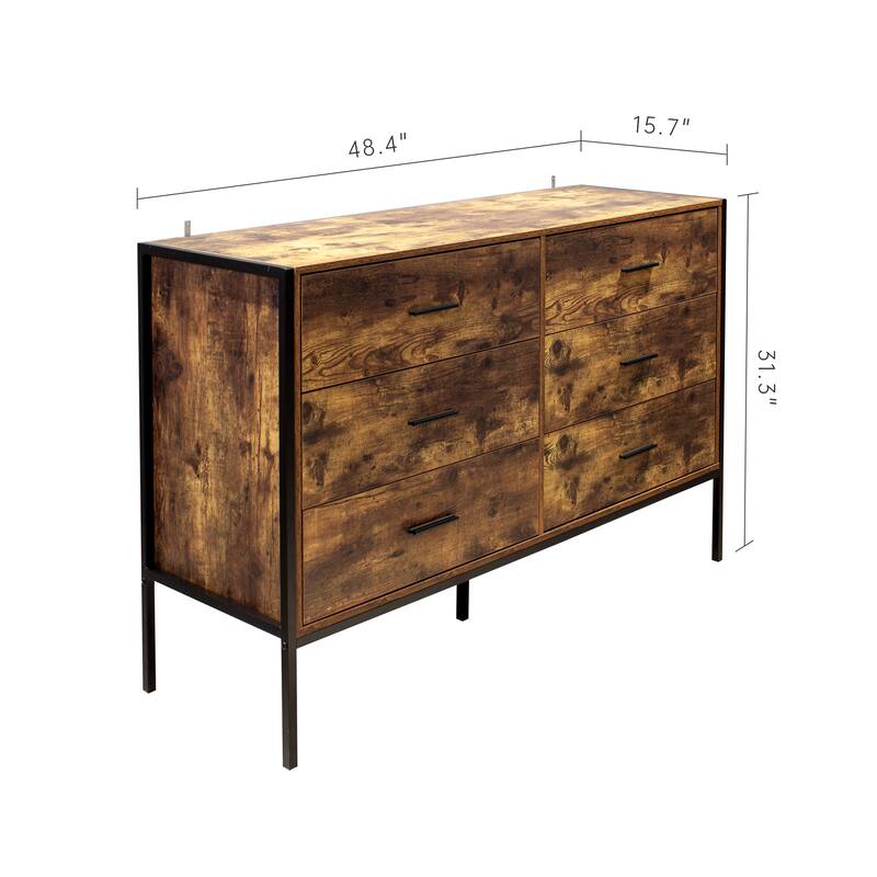 Industrial Style 6 Drawer Double Dresser with Sturdy Steel Frame