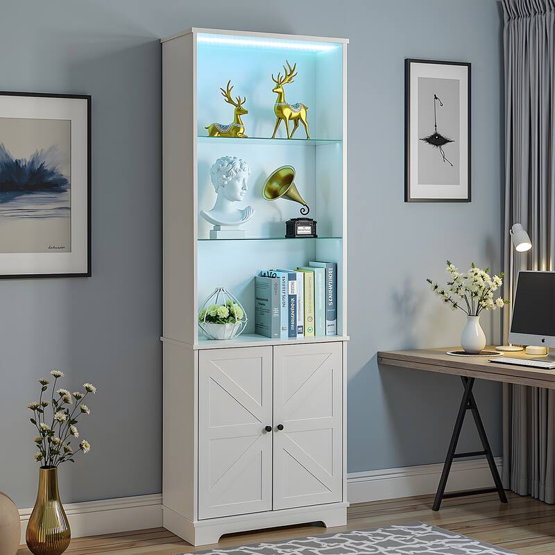 White Wooden Freestanding Open Shelves Storage Cabinet with Glass Doors and RGB LED Lights - 23.62” x 9.25” x 70.9” (L x W x H)