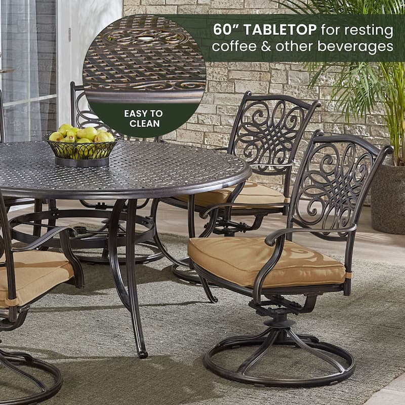 Hanover Traditions 7-Piece Dining Set in Tan with a 60 In. Round Cast-top Table and Six Swivel Rockers