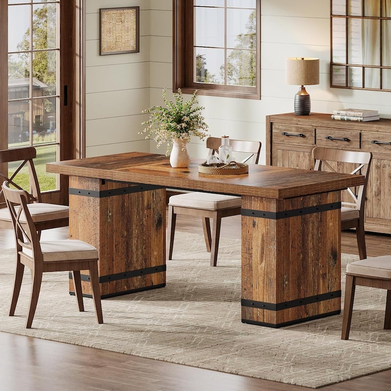 63" Industrial Dining Table, Rectangle Farmhouse Wood Kitchen Table with Metal-Trimmed Pedestal Base