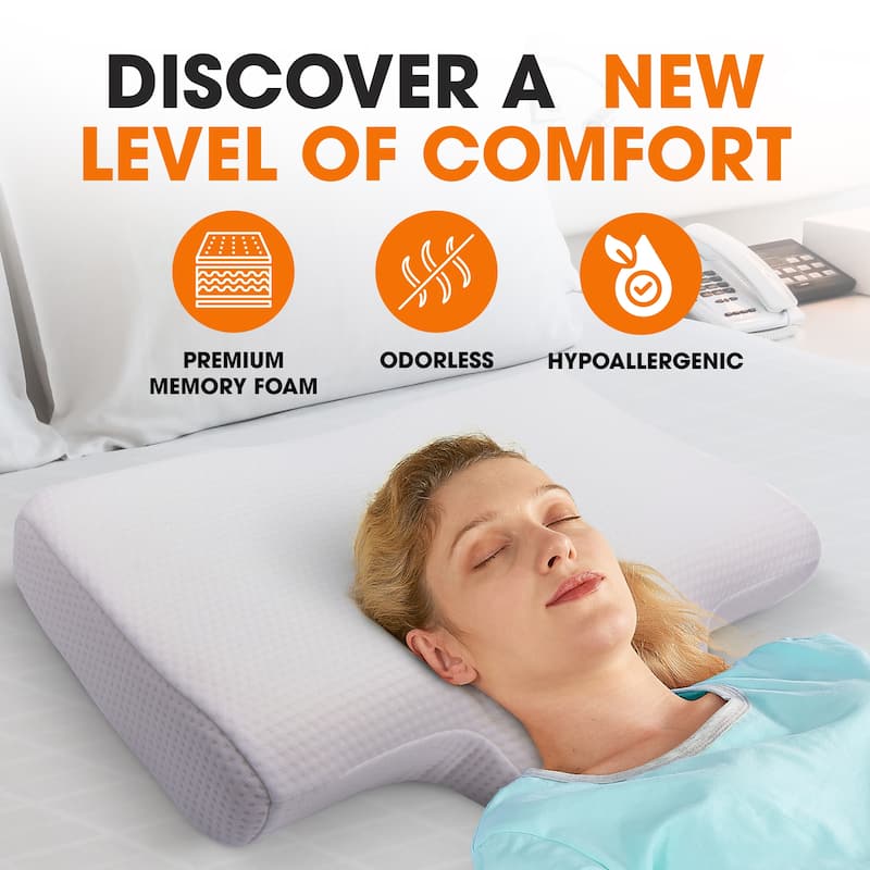 Cheer Collection Memory Foam Contoured Neck Pillow with Center Cavity Head Support and Wedge Extension - White