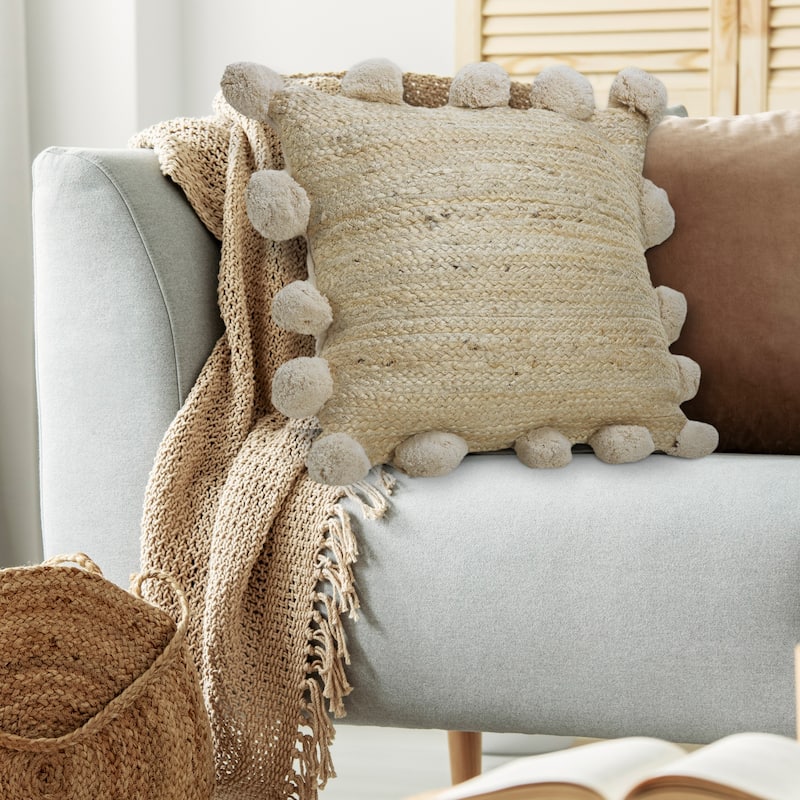 Handwoven Solid Square Throw Pillow Cover with Pom Poms - 20" - Cream
