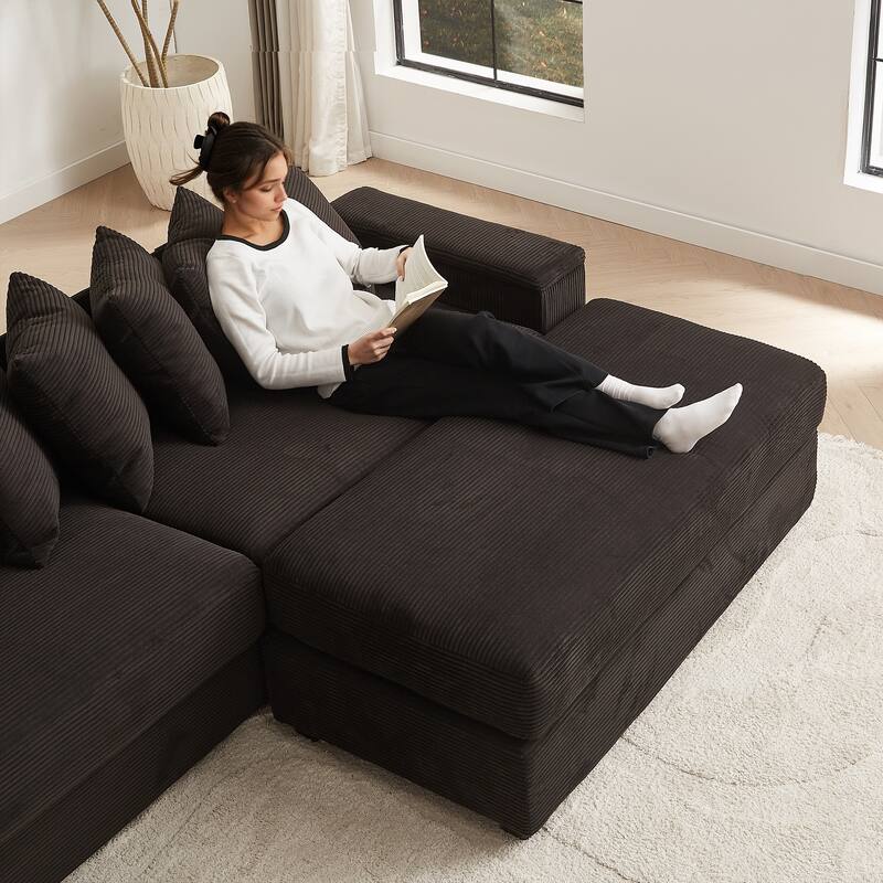 104" Corduroy L-Shaped Sectional Sofa with Ottoman Included, 8 Pillows and Armrest Storage