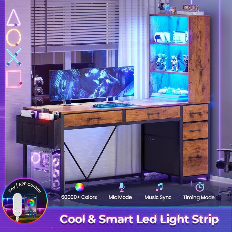 L Shaped Computer Desk 5 fabric Drawers Gaming Desk Storage Shelf