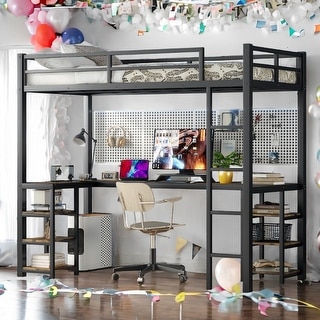 Twin XL Metal Loft Bed with Desk and Shelves,