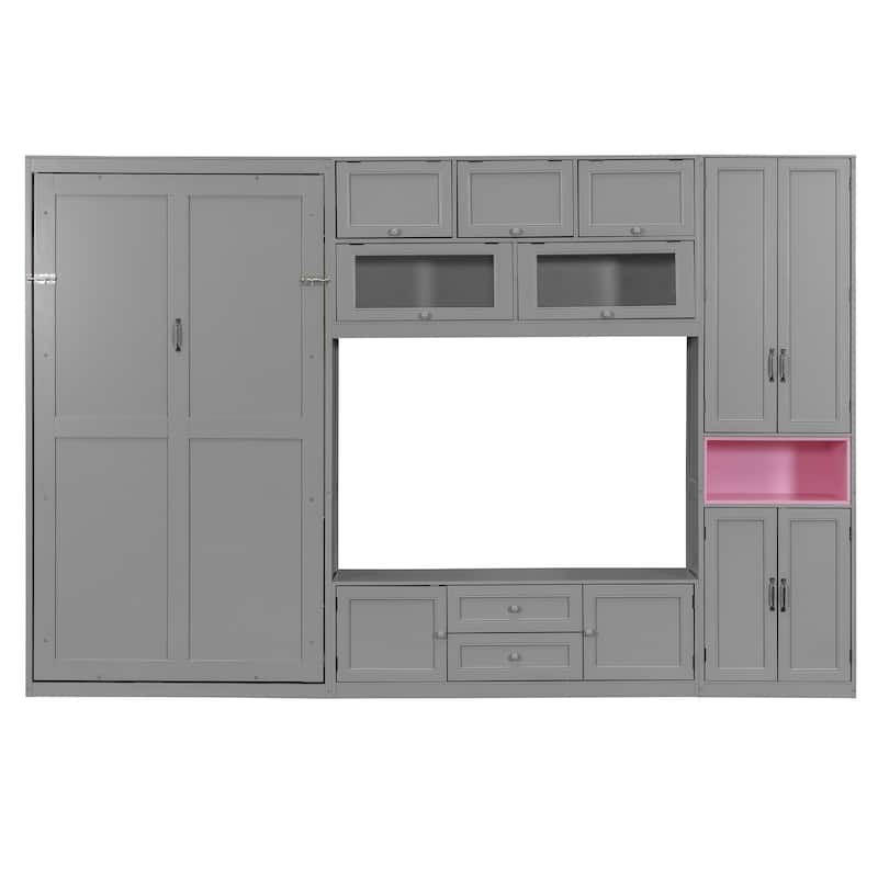 Versatile Twin Size Murphy Bed Folding Storage Bedframe with Built-in TV Stand, 2 Deep Drawers, Multiple Shelves and Cabinets