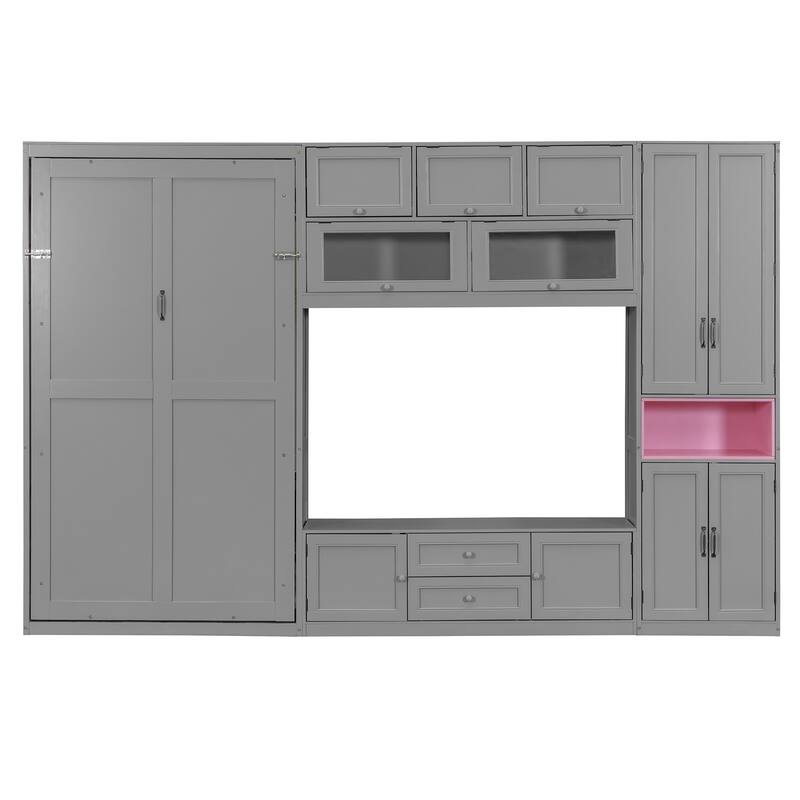 Wooden Twin Size Murphy Bed Wall Bed Frame with TV Stand, Solid Wood Storage Murphy Bed Cabinet, No Box Spring Needed