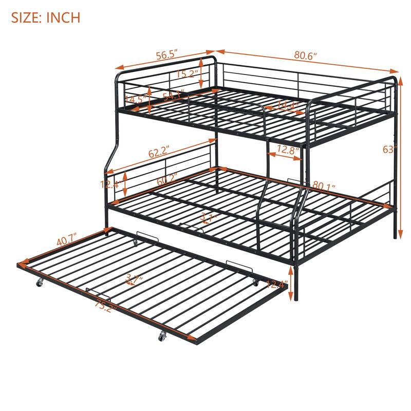Black+Trundle Full XL over Queen Metal Bunk Bed with Full Length Guardrail, Convertible Design, Easy Assembly
