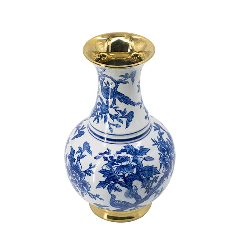 Large Chinoiserie Floral and Bird Porcelain Vase 16" White and Blue