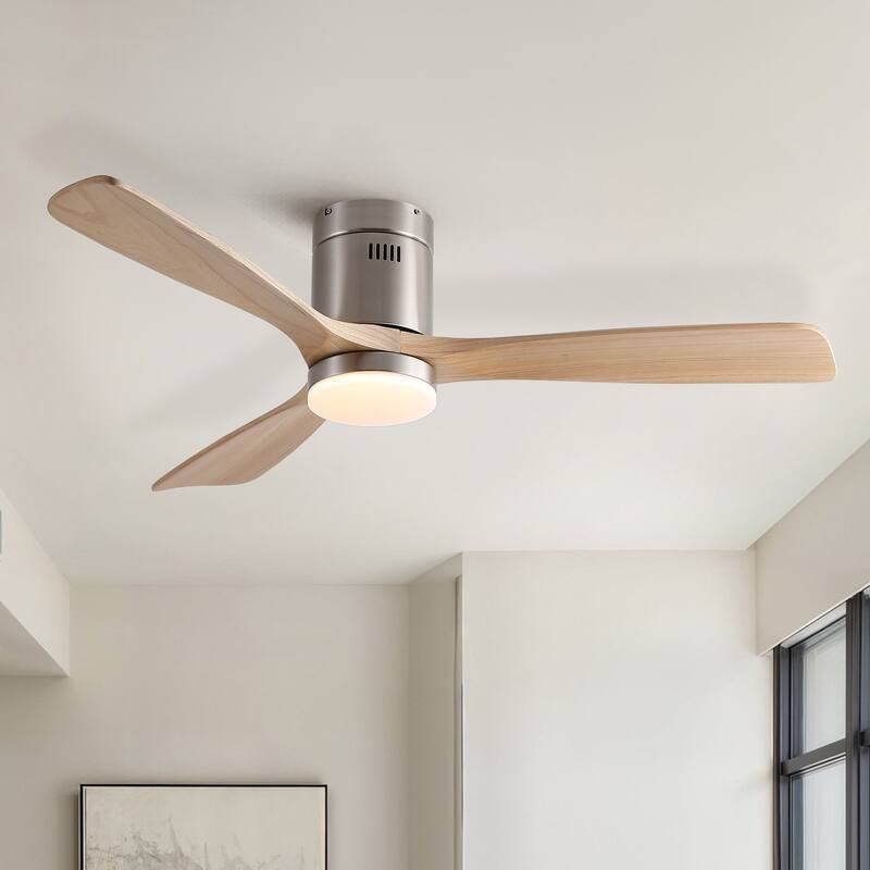 52 inch Mordern Cozy Natural Style Solid Wood Low Profile Flush Mount Intergrated LED Ceiling Fan with Light - Brushed Nickel - Brushed Nickel