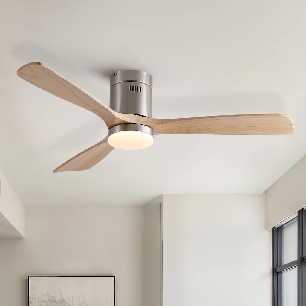 52 inch Mordern Cozy Natural Style Solid Wood Low Profile Flush Mount Intergrated LED Ceiling Fan with Light - Brushed Nickel