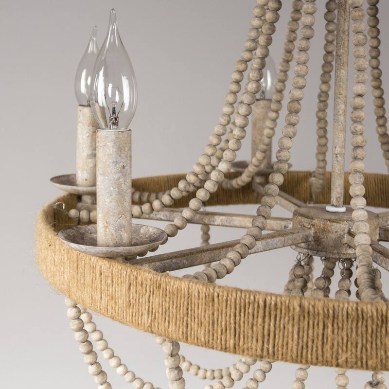 Bohemian 6-Light Wood Beaded Wheel Candle Chandelier - 21.7-in W x 22.7-in H