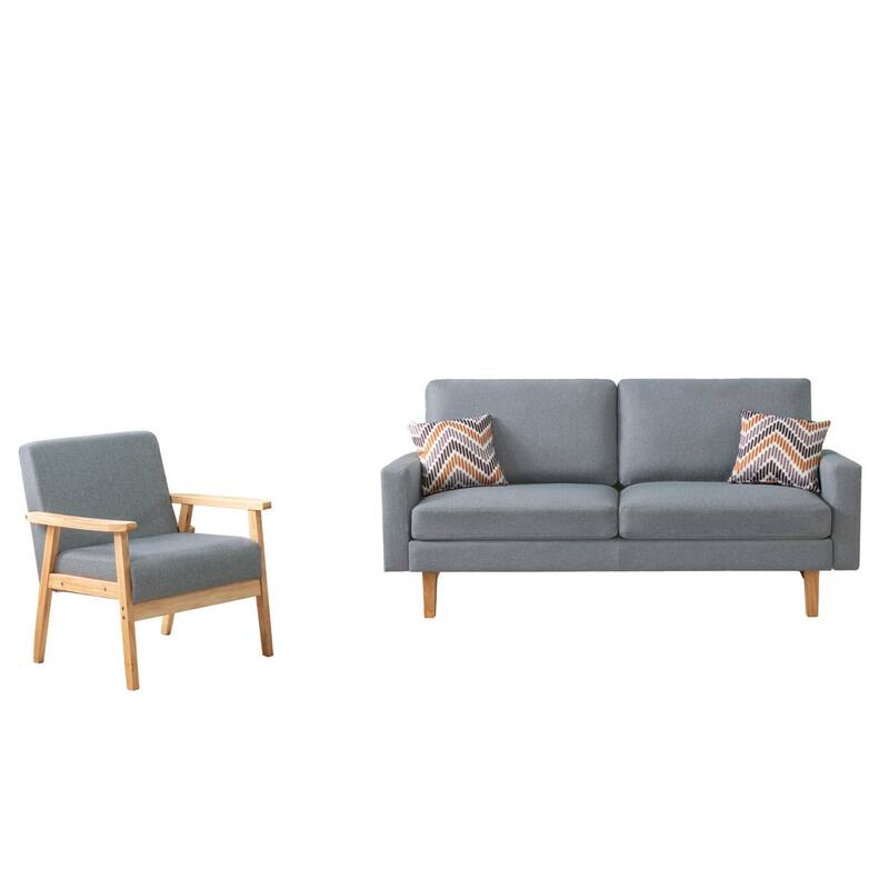 Linen Sofa and Chair Set with 2 Throw Pillows