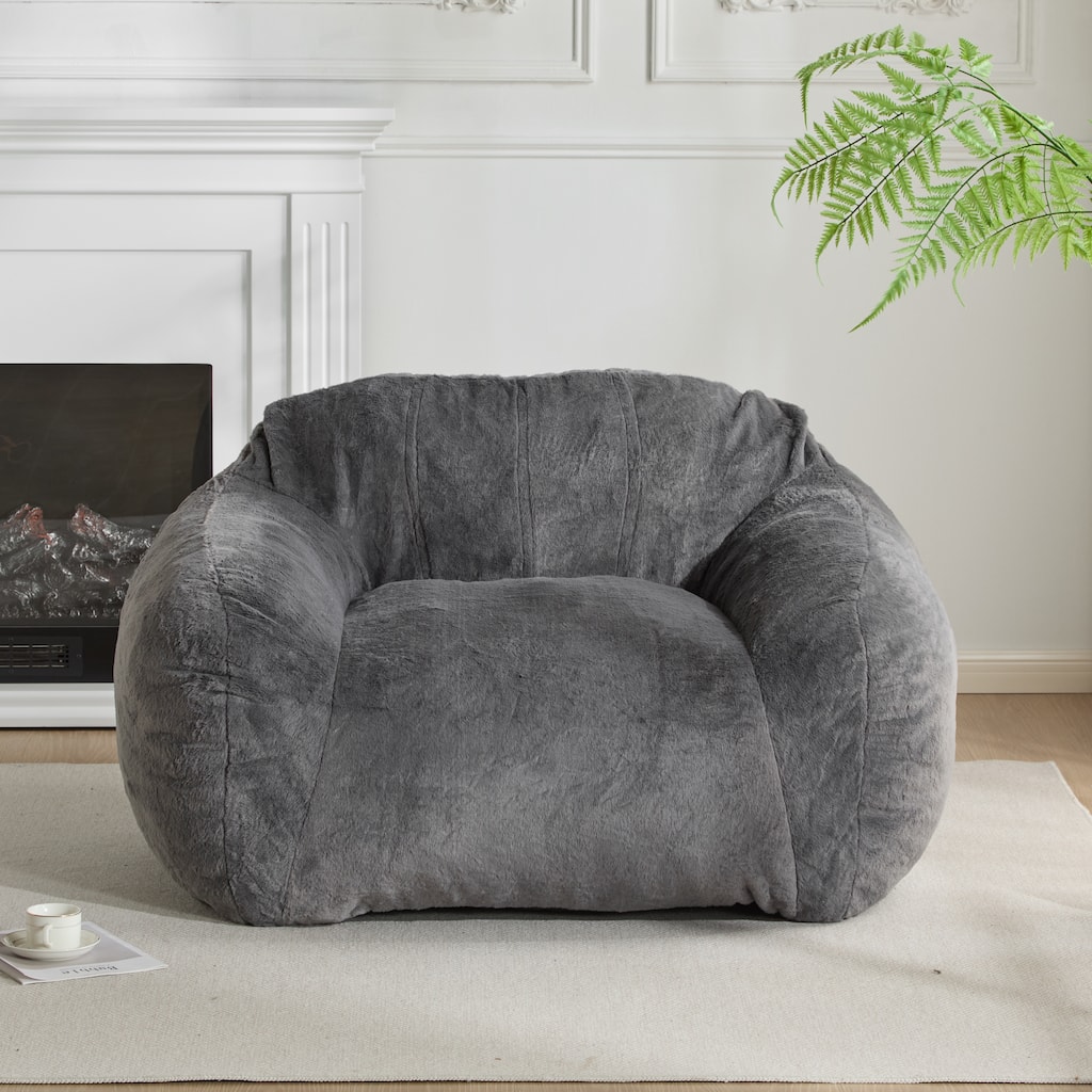 Roomfitters Sezze Indoor Bean Bag Chair with Shredded Memory Foam Fill, Grey Faux Fur