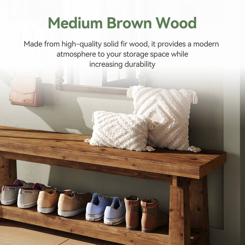 55" Solid Wood Entryway Bench with Shoe Storage, Charred Wood Grain