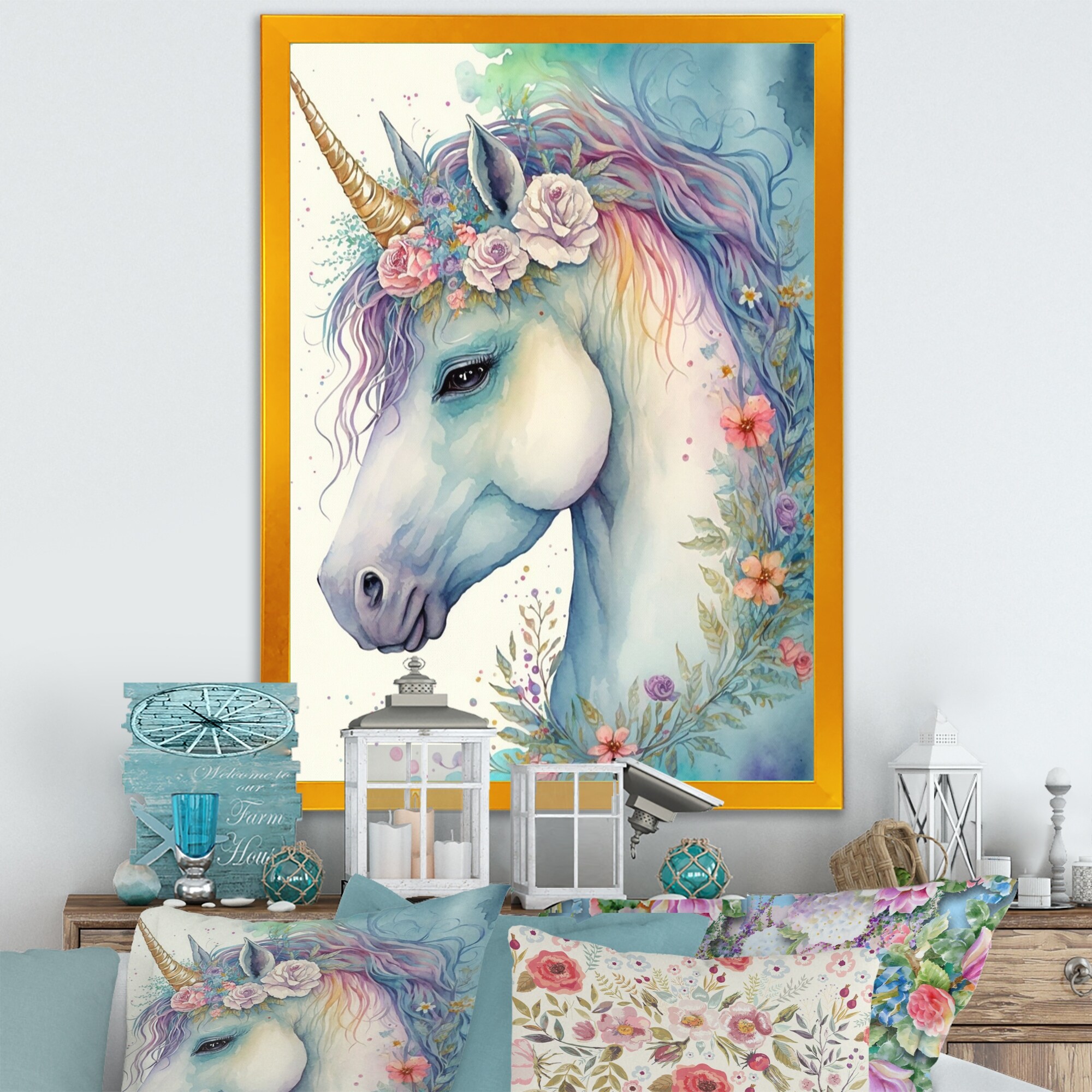 Designart Cute Pastel Unicorn Surrounded by Flowers II Animals Horse Canvas Art Print - 3 Panels - 32 in. Wide x 48 in. High