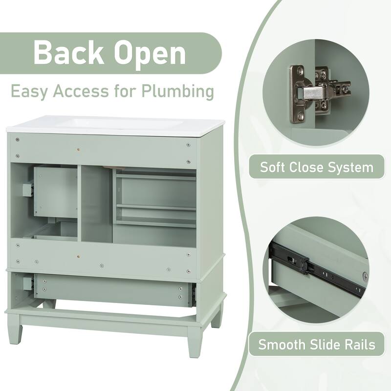 Bathroom Vanity with Ceramic Sink, Free Standing Single Basin Vanity Set with 2-Tier Storage, 3 Drawers & 1 Door