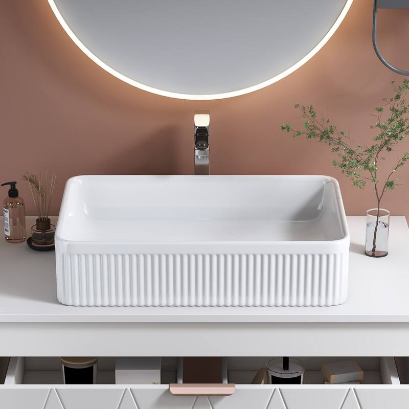 GDFStudio - Modern 20.1" Rectangular Ceramic Bathroom Vessel Sink with Drain Assembly