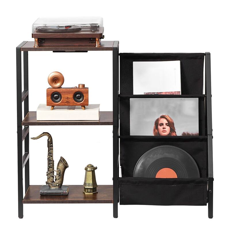 Black 3-Tier Record Player Shelf with Built-in Power Strip Music-Sync Lights and 200 Vinyl Storage Slots