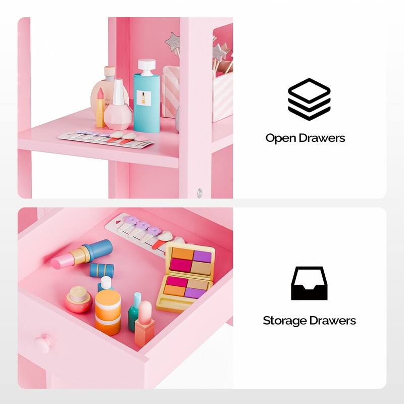 Kids Vanity Table And Chair Set, 2 In 1 Girls Vanity Storage Cabinet W/Tri-Folding Mirror - N/A