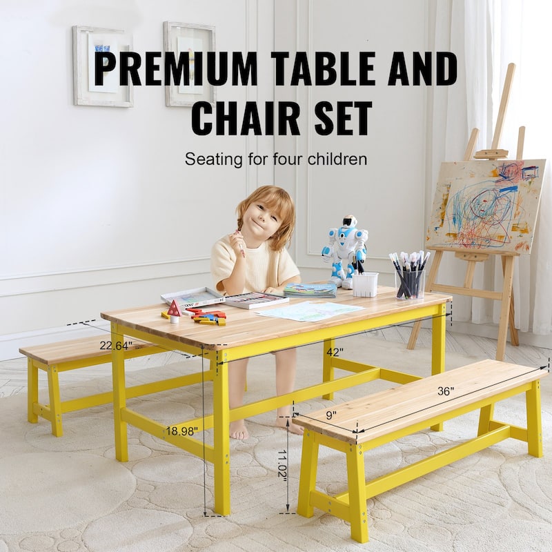 3 Pieces Rectangular Kids Wooden Activity Table and Bench Set Suitable Playroom Daycare or Tutoring Center