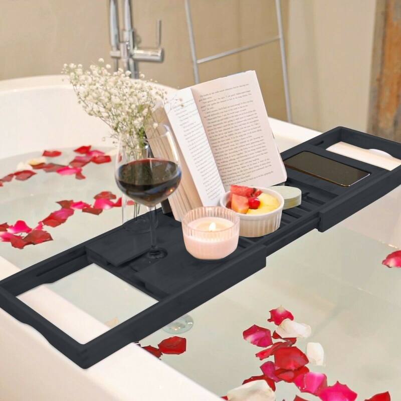 Bambusi Bathtub Caddy Tray with Extending Sides, Reading Stand, Wine Holder and Cellphone Tray