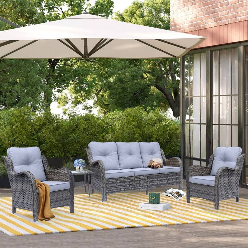 4 Piece Outdoor High Back Wicker Patio Conversation Furniture Sets