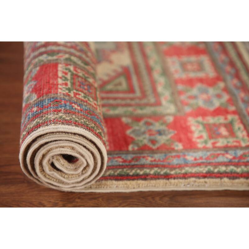 Geometric Kazak Accent Rug Handmade Oriental Beige Wool Carpet - 2'9"x 4'0"