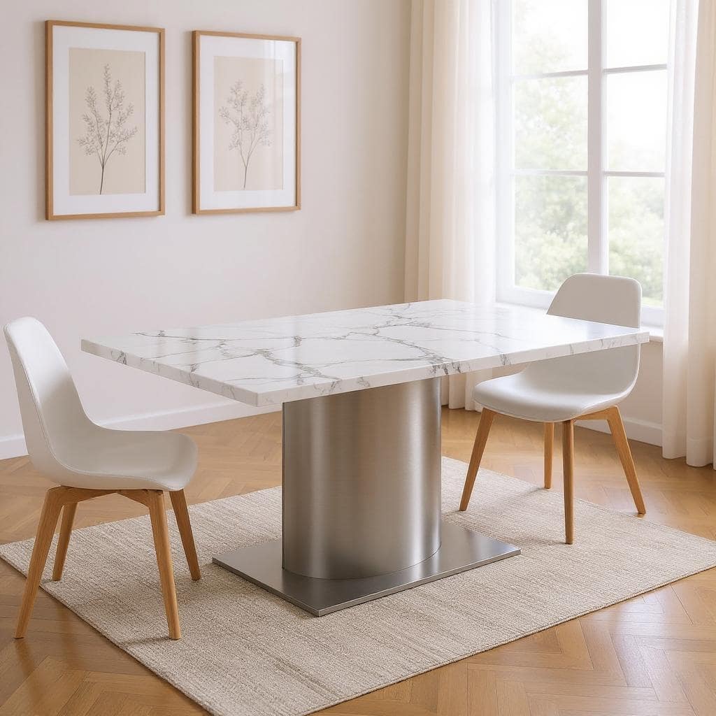 HomeRoots 72" Gray White and Silver Marble and Stainless Steel Pedestal Base Dining Table - 72.00 in. x 30.00 in. x 40.00 in.