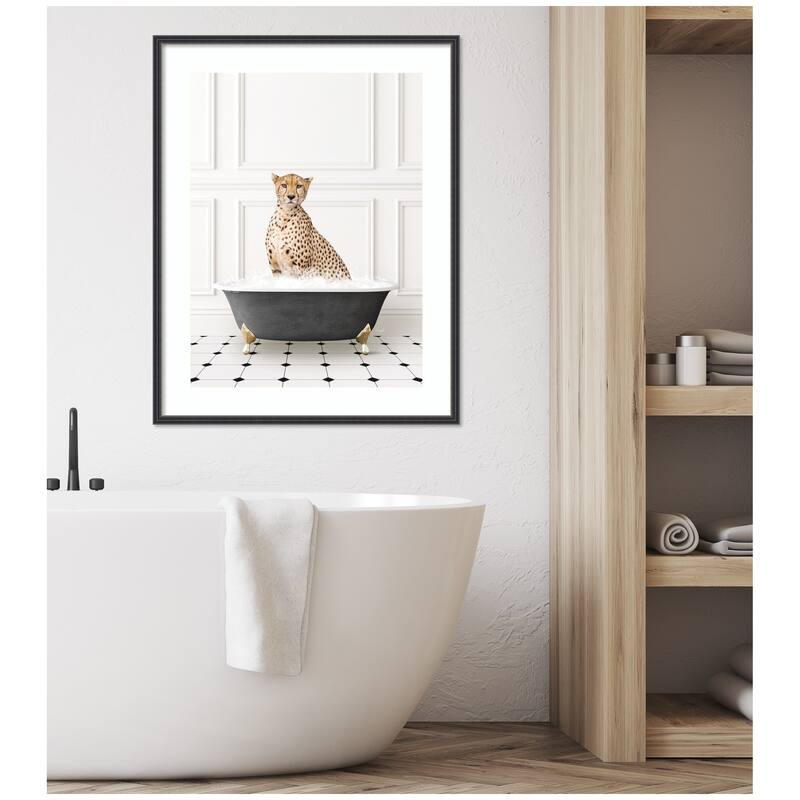 Kate and Laurel Cheetah in Classic Black and White Bathtub by Amy Peterson Framed Wall Art Print