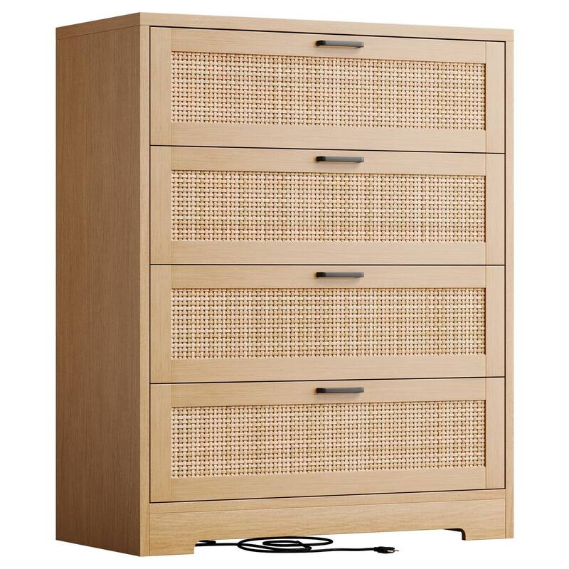 4/5 Drawer Rattan Dresser for Bedroom, Wood Dresser Chest of Drawers with Power Outlets