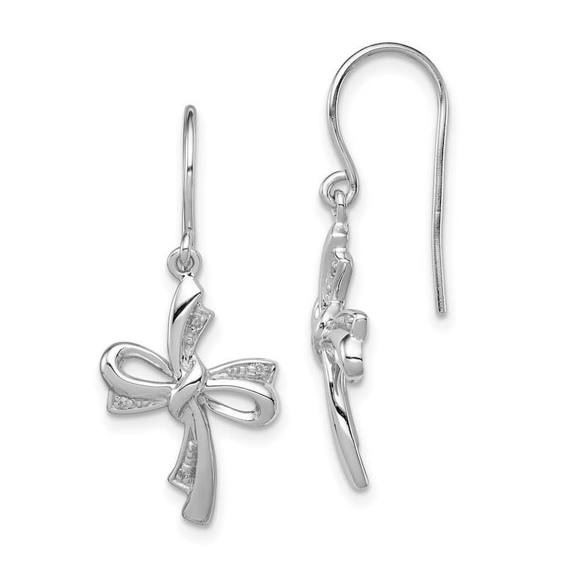 Curata 925 Sterling Silver Polished Shepherd hook Rhodium Plated Diamond Religious Faith Cross Long Drop Dangle Earrings
