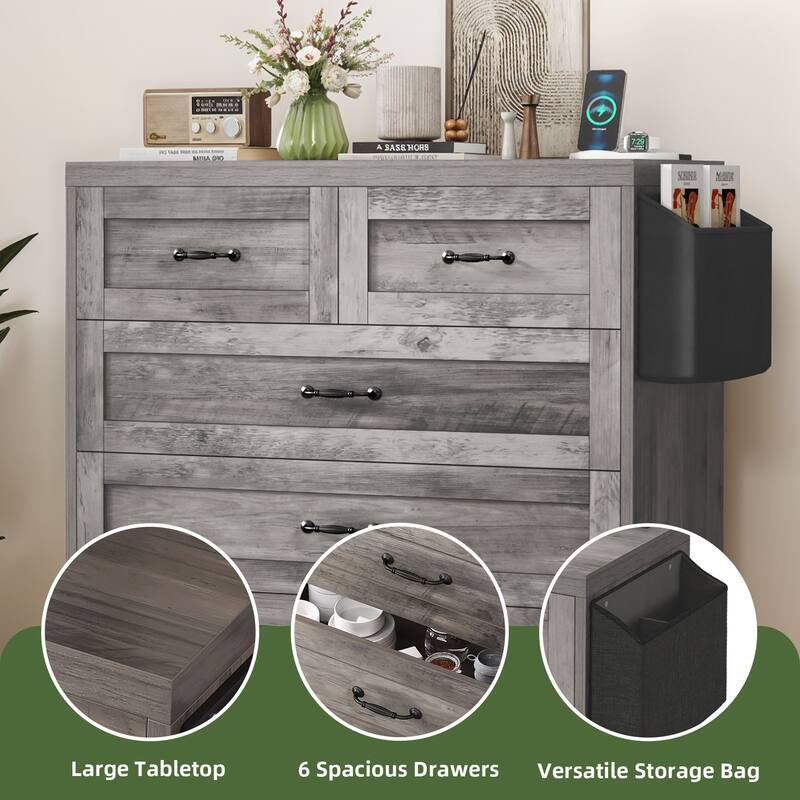 Vintage Double Dresser Chest of Drawers with Charging Station and Side Organizer Bag