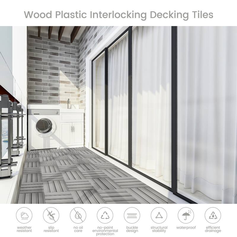 18 Pack Solid Wood Deck Flooring, Wood Interlocking Deck Tiles, 12 x 12 Inch Co-Extruded Interlocking Deck Tiles