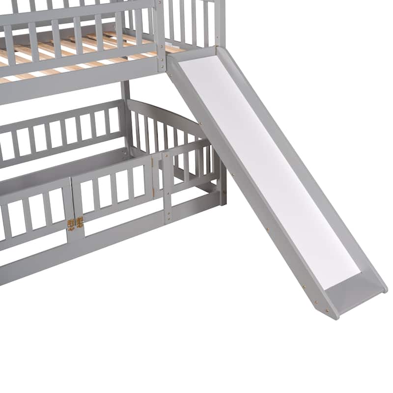 Solid Wood Low Bunk Bed with Slide,Fence and Ladder