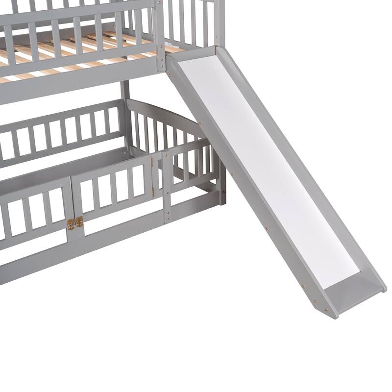 Twin Over Twin Low Bunk Bed, Open-row Floor Bed with Fence and Small Door, Bunk Bed Frame with Ladder and Convertible Slide