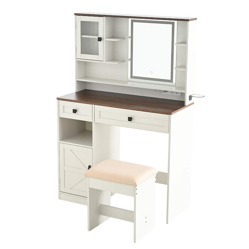 Rustic Makeup Vanity Desk with 3 Color Adjustable Touch Control Mirror, Built-in Power Outlets Dressing Table Set with Stool