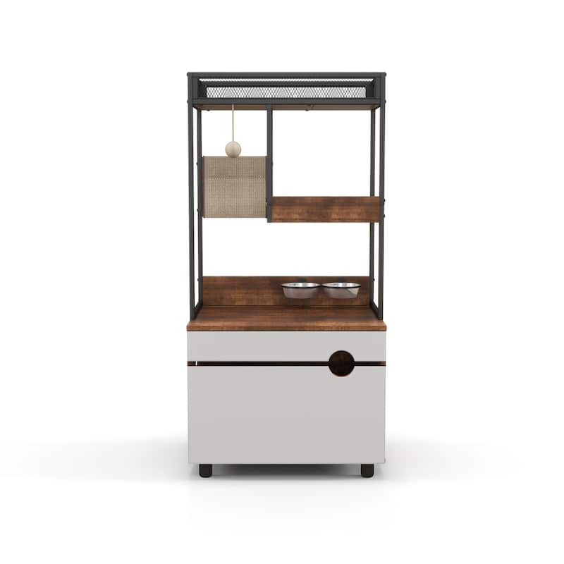 Hidden Cat Litter Box Enclosures with Cat Tree Tower - White+Vintage - White+Vintage