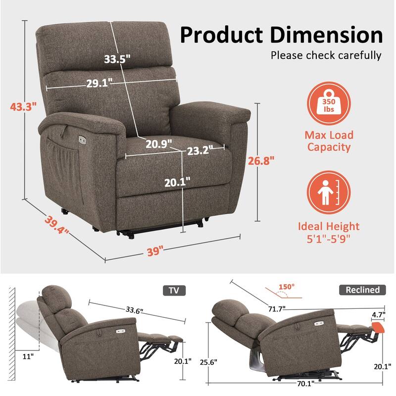 MCombo Power Recliner Lift Chair with Massage, Dual Heating and Adjustable Headrest for Big Elderly People, Fabric R7605