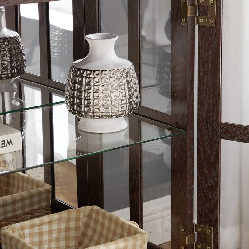 LED Lighted Curio Display Cabinet with Adjustable Shelves, Retro Glass Showcase and Lattice Doors